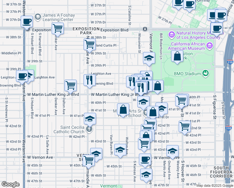 map of restaurants, bars, coffee shops, grocery stores, and more near 3997 South Budlong Avenue in Los Angeles