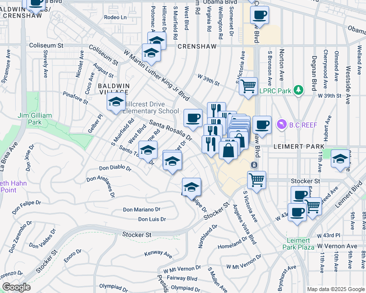 map of restaurants, bars, coffee shops, grocery stores, and more near 3850 Santa Rosalia Drive in Los Angeles