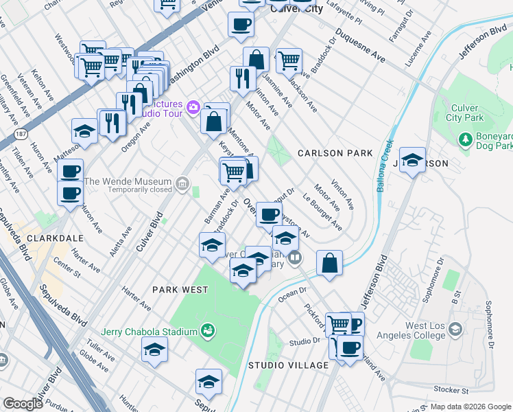 map of restaurants, bars, coffee shops, grocery stores, and more near 4340 Overland Avenue in Culver City
