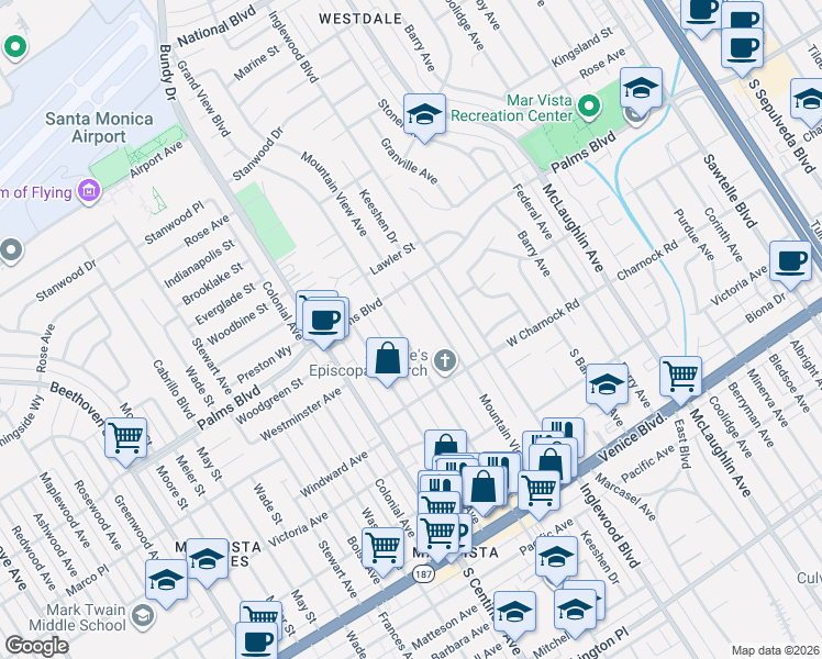 map of restaurants, bars, coffee shops, grocery stores, and more near 3536 Grand View Boulevard in Los Angeles