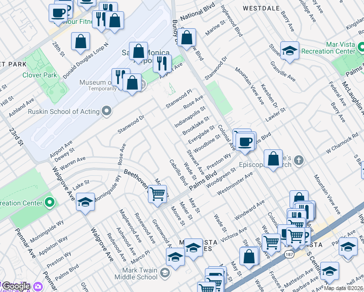 map of restaurants, bars, coffee shops, grocery stores, and more near 3375 Stewart Avenue in Los Angeles
