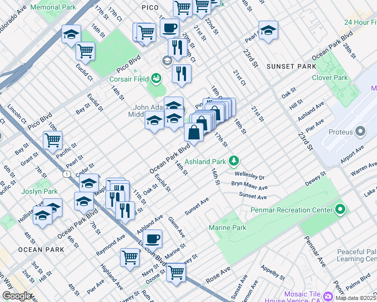 map of restaurants, bars, coffee shops, grocery stores, and more near 2612 16th Street in Santa Monica