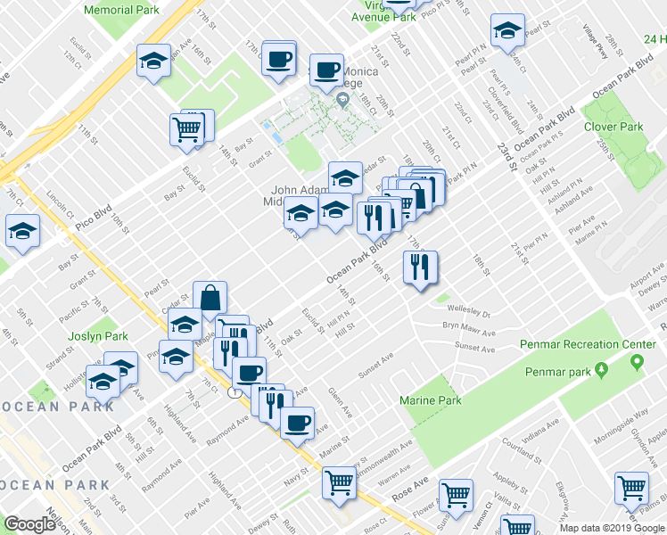 map of restaurants, bars, coffee shops, grocery stores, and more near 1417 Ocean Park Boulevard in Santa Monica
