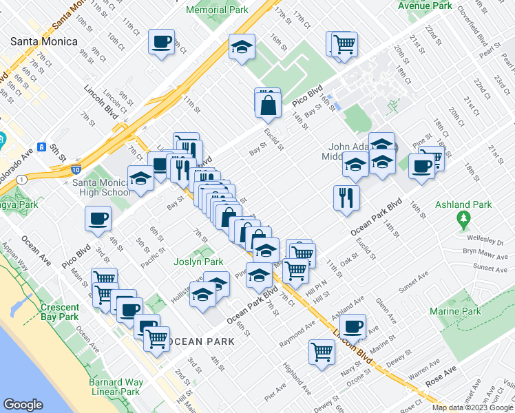 map of restaurants, bars, coffee shops, grocery stores, and more near 1027 Pearl Street in Santa Monica