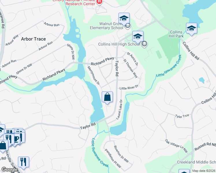 map of restaurants, bars, coffee shops, grocery stores, and more near 2174 Cape Liberty Drive in Suwanee