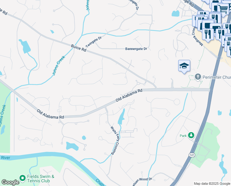 map of restaurants, bars, coffee shops, grocery stores, and more near 5300 Coacoochee Terrace in Johns Creek