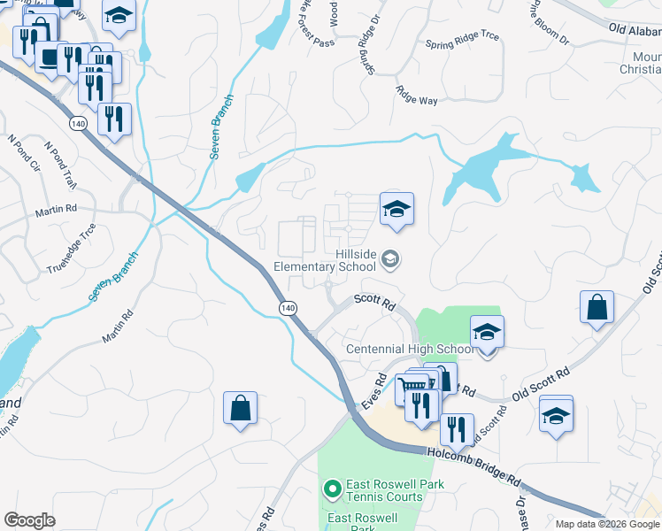 map of restaurants, bars, coffee shops, grocery stores, and more near 111 West Ridge Way in Roswell