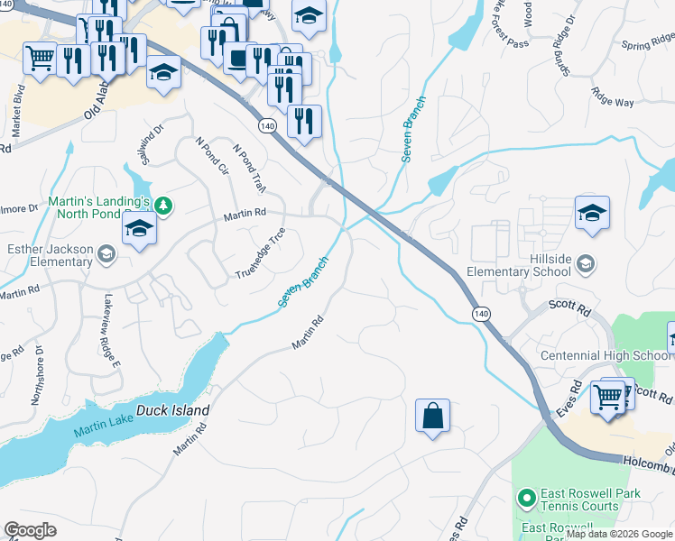 map of restaurants, bars, coffee shops, grocery stores, and more near 9485 Martin Road in Roswell