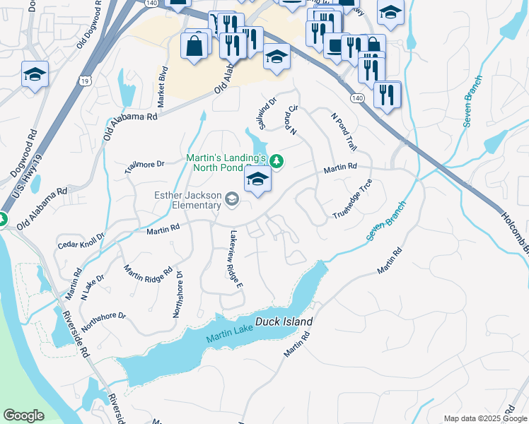 map of restaurants, bars, coffee shops, grocery stores, and more near 448 Teal Court in Roswell