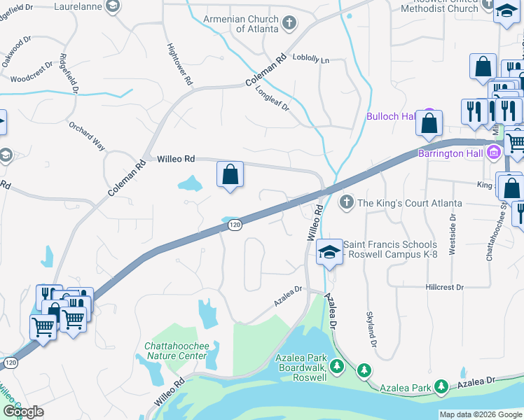map of restaurants, bars, coffee shops, grocery stores, and more near 1095 Westcroft Lane in Roswell