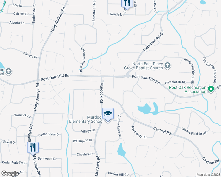 map of restaurants, bars, coffee shops, grocery stores, and more near 2640 Tritt Lane in Marietta