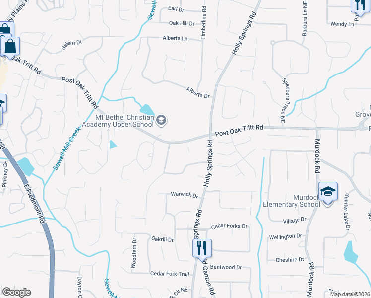 map of restaurants, bars, coffee shops, grocery stores, and more near 2460 Castle Gate Court Northeast in Marietta