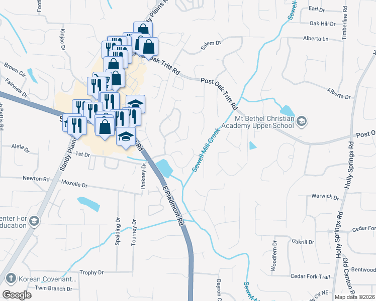 map of restaurants, bars, coffee shops, grocery stores, and more near 2231 Mainsail Drive Northeast in Marietta