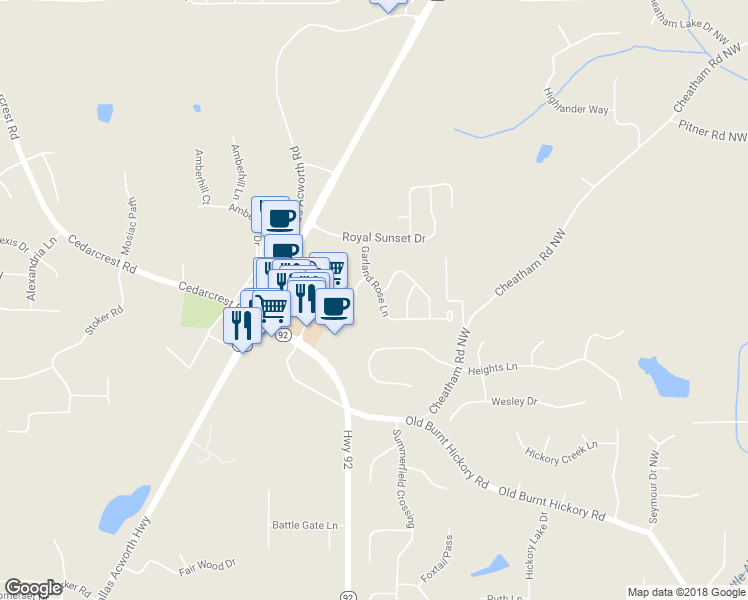 map of restaurants, bars, coffee shops, grocery stores, and more near 168 Garland Rose Lane in Dallas