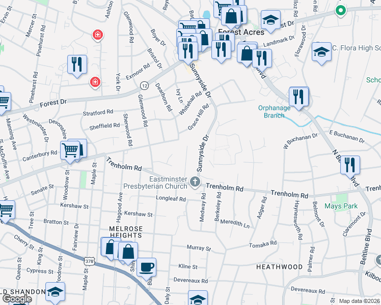 map of restaurants, bars, coffee shops, grocery stores, and more near 1158 Eastminster Drive in Columbia