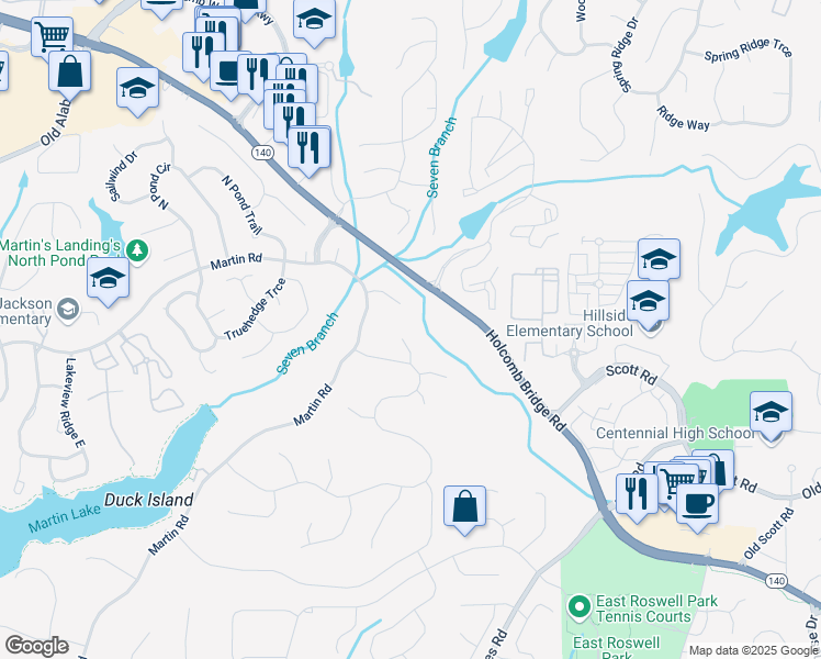 map of restaurants, bars, coffee shops, grocery stores, and more near 330 6 Branches Court in Roswell