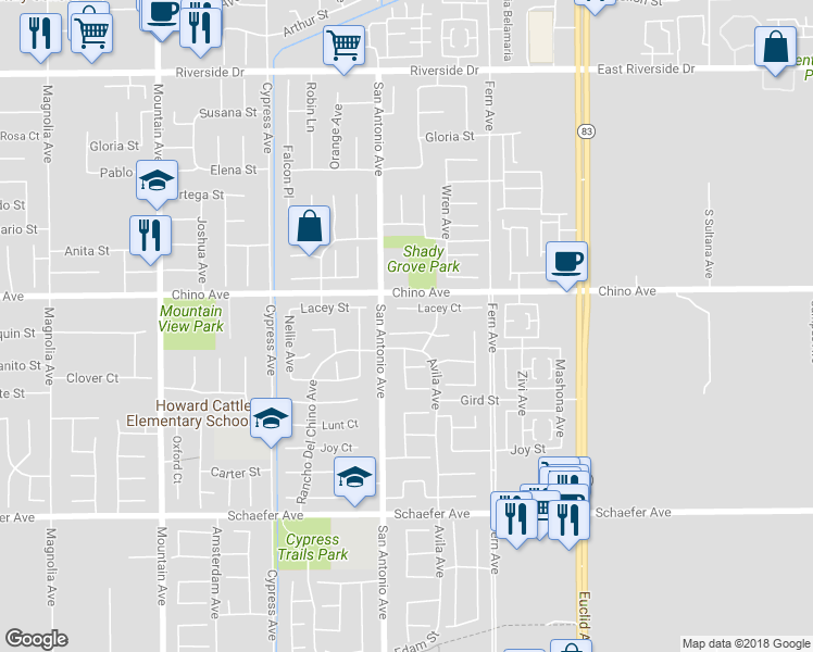 map of restaurants, bars, coffee shops, grocery stores, and more near 6730 Harrington Court in Chino