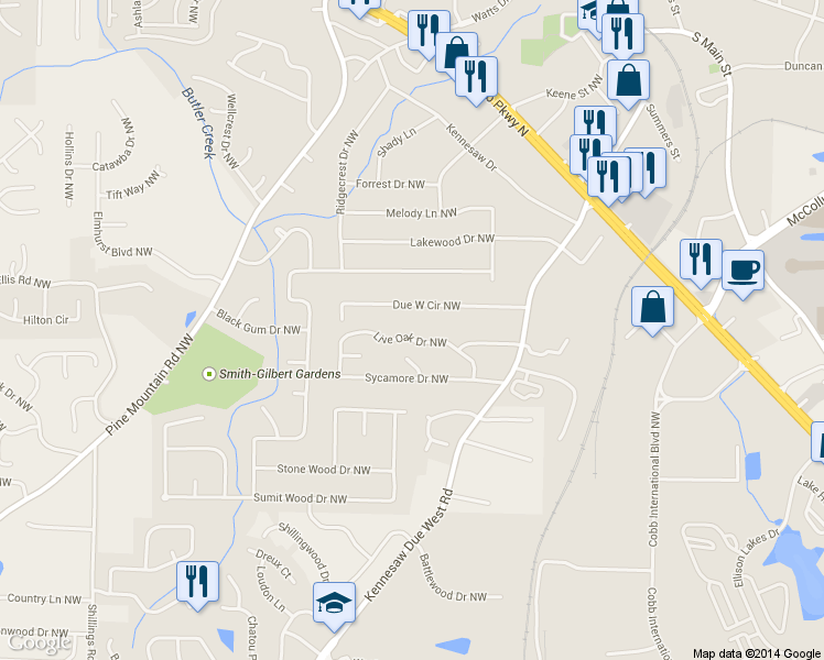 map of restaurants, bars, coffee shops, grocery stores, and more near 1711 Live Oak Drive Northwest in Kennesaw