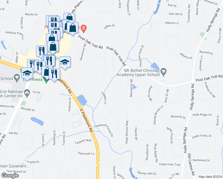 map of restaurants, bars, coffee shops, grocery stores, and more near 2318 Marneil Drive Northeast in Marietta