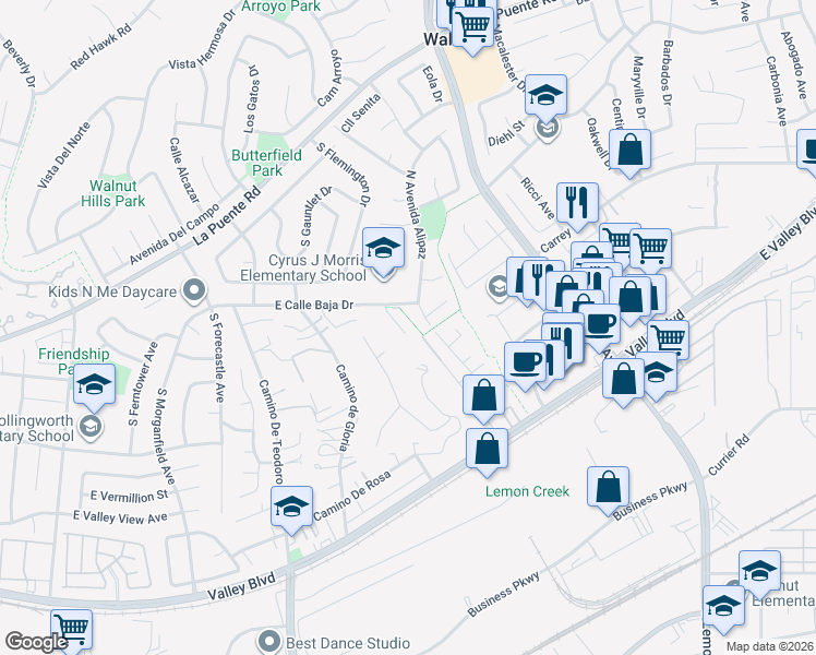 map of restaurants, bars, coffee shops, grocery stores, and more near 334 Avenida Esplendor in Walnut