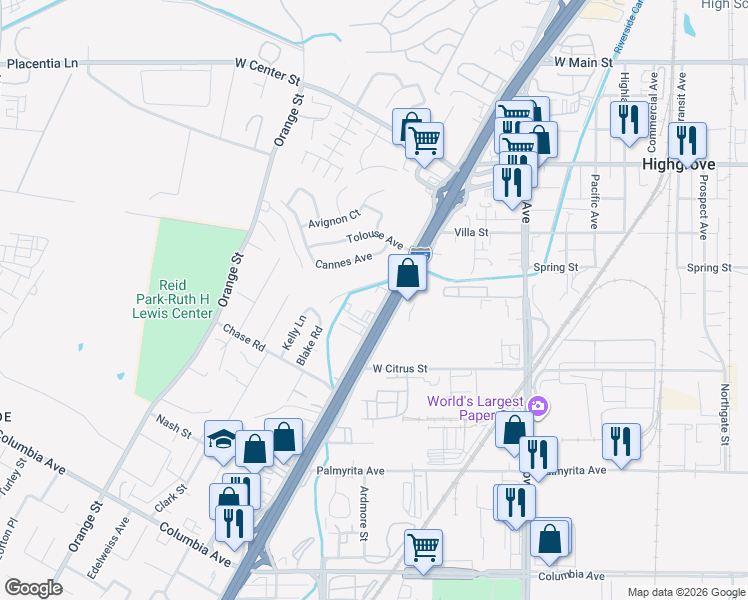map of restaurants, bars, coffee shops, grocery stores, and more near 593 West La Cadena Drive in Riverside