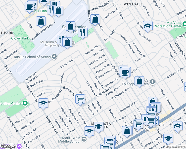 map of restaurants, bars, coffee shops, grocery stores, and more near 3375 Stewart Avenue in Los Angeles