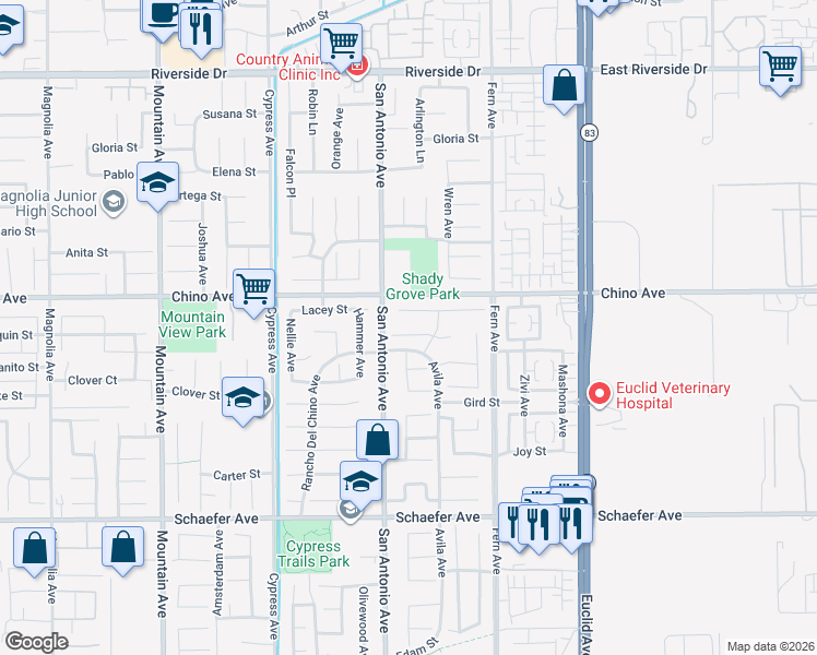 map of restaurants, bars, coffee shops, grocery stores, and more near 6730 Harrington Court in Chino