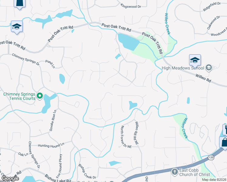 map of restaurants, bars, coffee shops, grocery stores, and more near 2500 North Forest Drive Northeast in Marietta