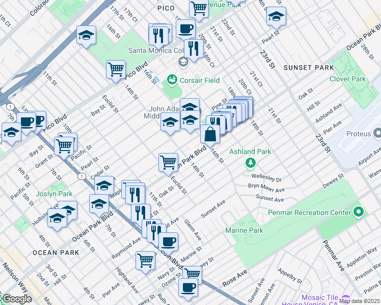 map of restaurants, bars, coffee shops, grocery stores, and more near 1413 Ocean Park Boulevard in Santa Monica