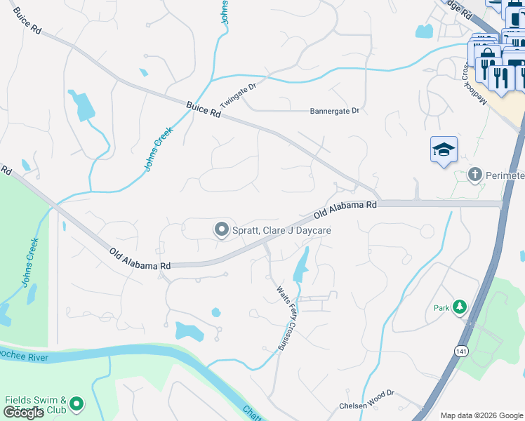 map of restaurants, bars, coffee shops, grocery stores, and more near 5230 Coacoochee Terrace in Alpharetta