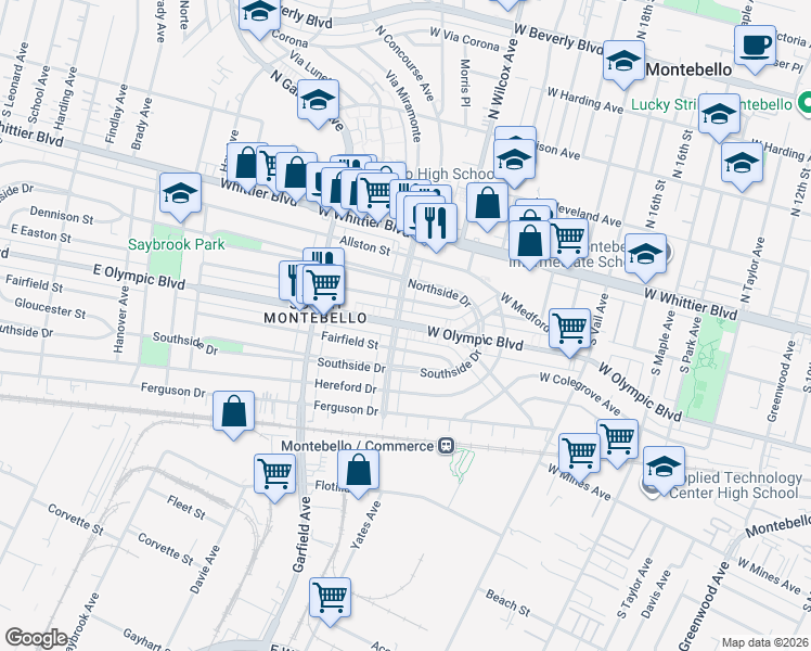 map of restaurants, bars, coffee shops, grocery stores, and more near 6700 East Olympic Boulevard in East Los Angeles