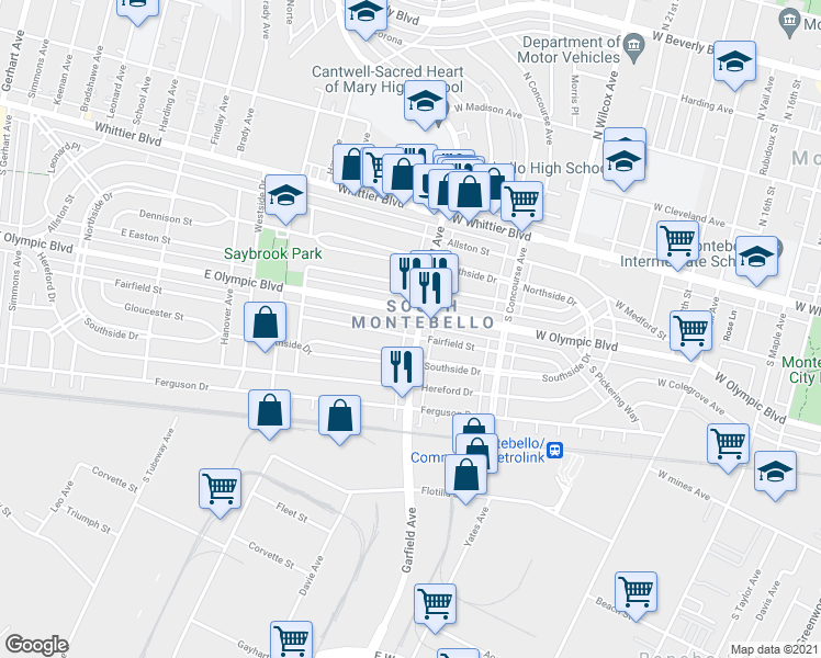 map of restaurants, bars, coffee shops, grocery stores, and more near 1215 Garfield Avenue in East Los Angeles