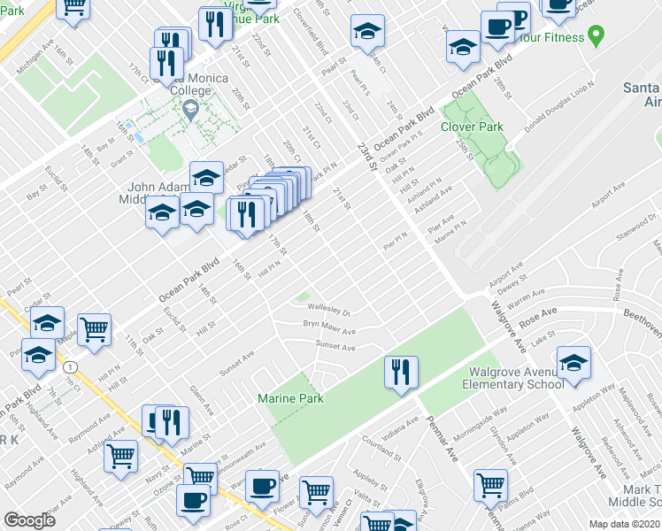 map of restaurants, bars, coffee shops, grocery stores, and more near 1733 Ashland Avenue in Santa Monica