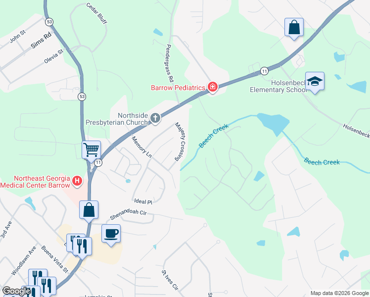 map of restaurants, bars, coffee shops, grocery stores, and more near 664 Majesty Crossing in Winder