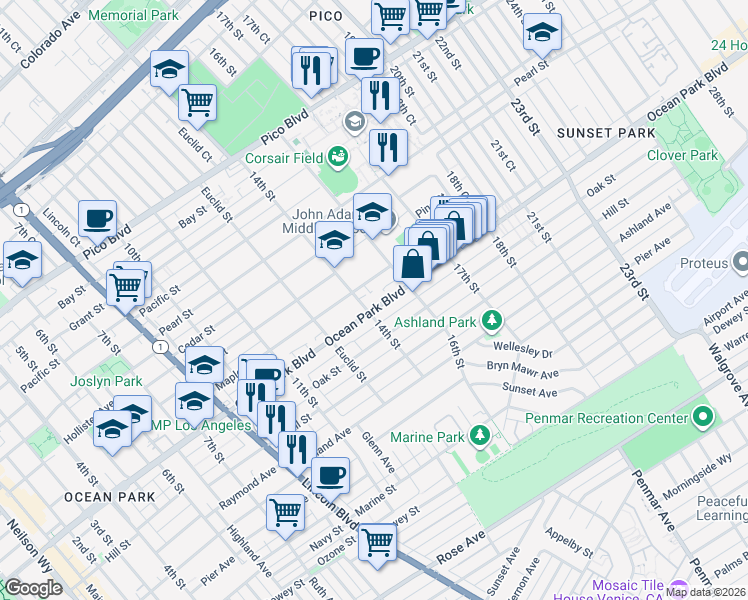 map of restaurants, bars, coffee shops, grocery stores, and more near 1413 Ocean Park Boulevard in Santa Monica