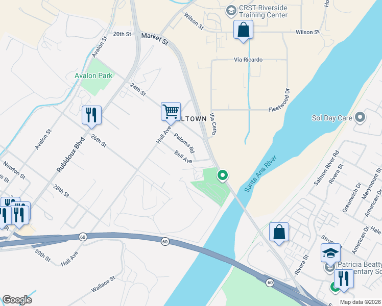 map of restaurants, bars, coffee shops, grocery stores, and more near 5252 24th Street in Riverside