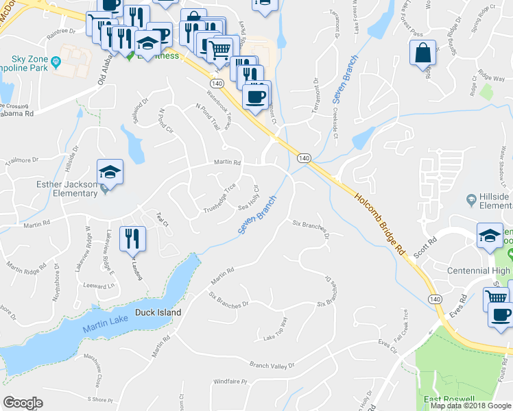 map of restaurants, bars, coffee shops, grocery stores, and more near 275 Sea Holly Circle in Roswell