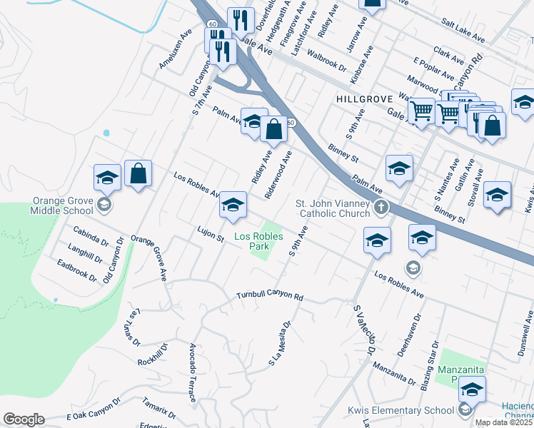 map of restaurants, bars, coffee shops, grocery stores, and more near 14861 Los Robles Avenue in Hacienda Heights
