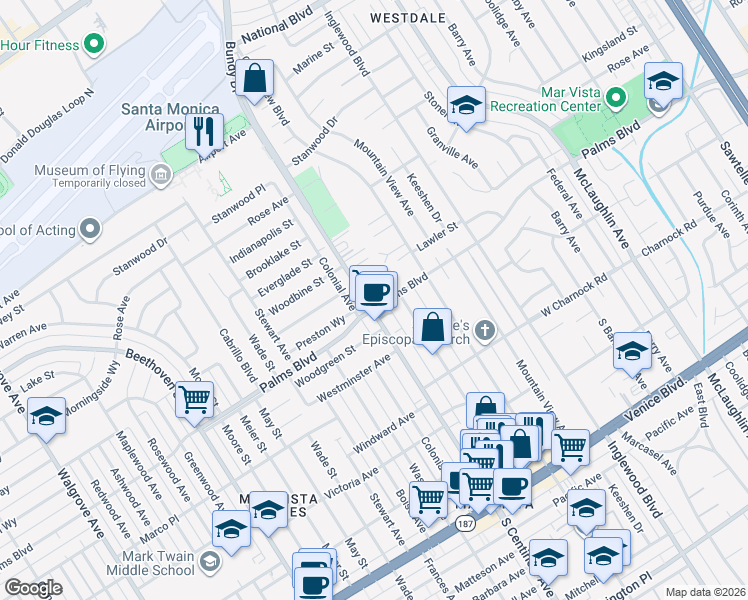 map of restaurants, bars, coffee shops, grocery stores, and more near in Los Angeles