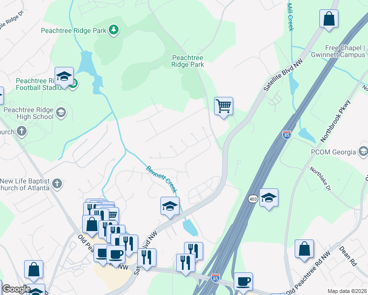 map of restaurants, bars, coffee shops, grocery stores, and more near 1419 Oglethorpe Drive in Suwanee