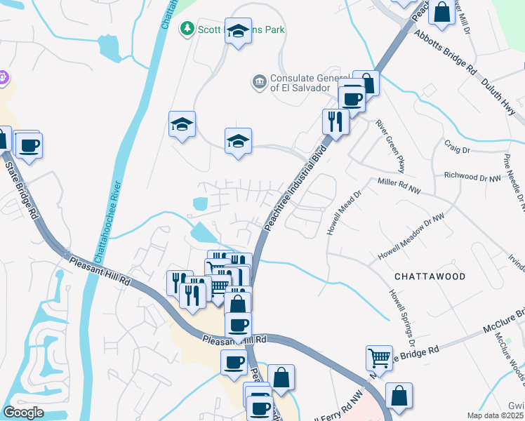 map of restaurants, bars, coffee shops, grocery stores, and more near 3498 Royal Oak Circle in Duluth