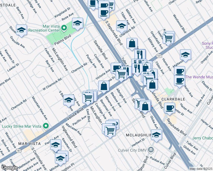 map of restaurants, bars, coffee shops, grocery stores, and more near 11404 Biona Drive in Los Angeles