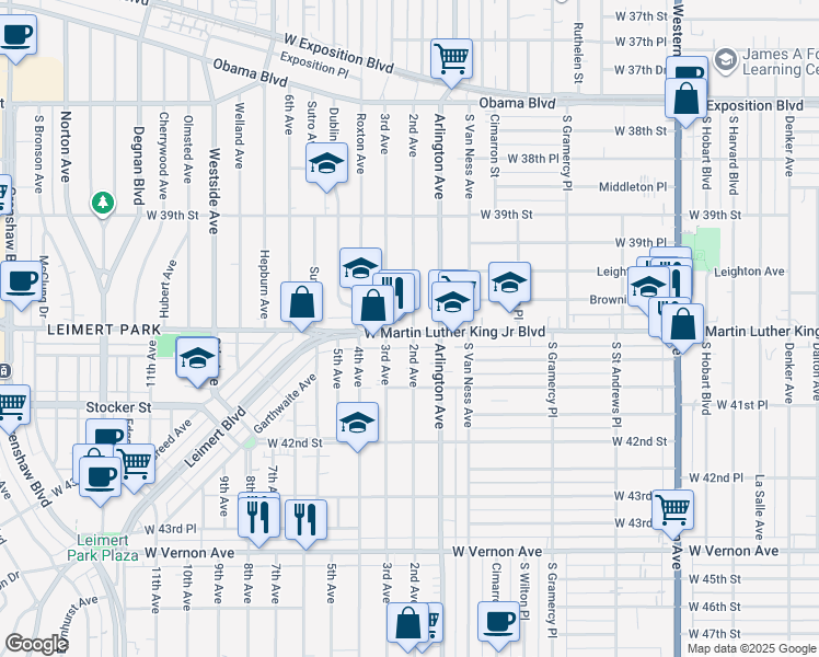 map of restaurants, bars, coffee shops, grocery stores, and more near 2401 West Martin Luther King Junior Boulevard in Los Angeles