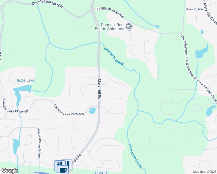 map of restaurants, bars, coffee shops, grocery stores, and more near 2254 Sunbrook Court in Acworth