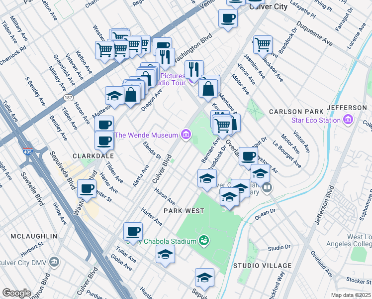 map of restaurants, bars, coffee shops, grocery stores, and more near 10819 Wagner Street in Culver City