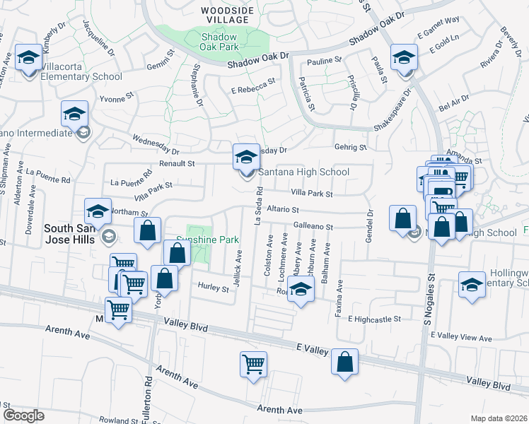 map of restaurants, bars, coffee shops, grocery stores, and more near 18608 Altario Street in La Puente