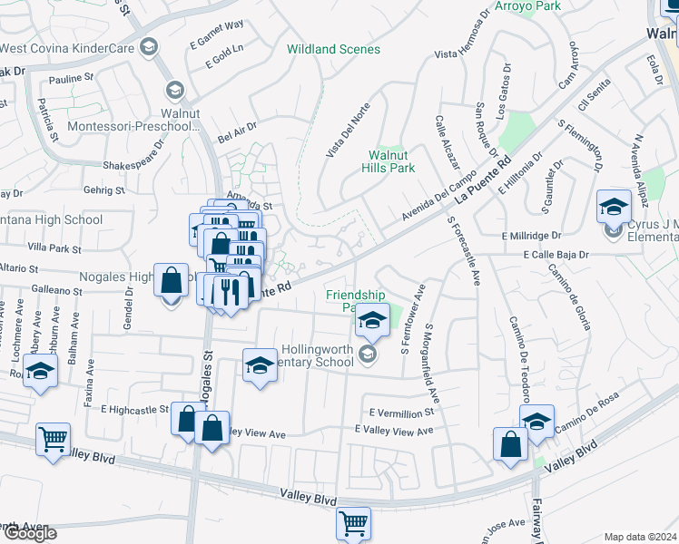 map of restaurants, bars, coffee shops, grocery stores, and more near 19266 La Puente Road in West Covina