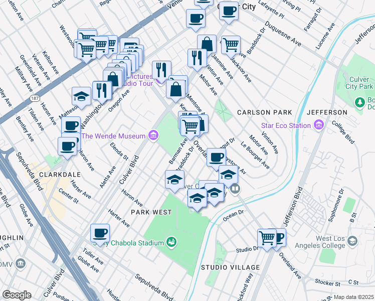 map of restaurants, bars, coffee shops, grocery stores, and more near 10729 Braddock Drive in Culver City