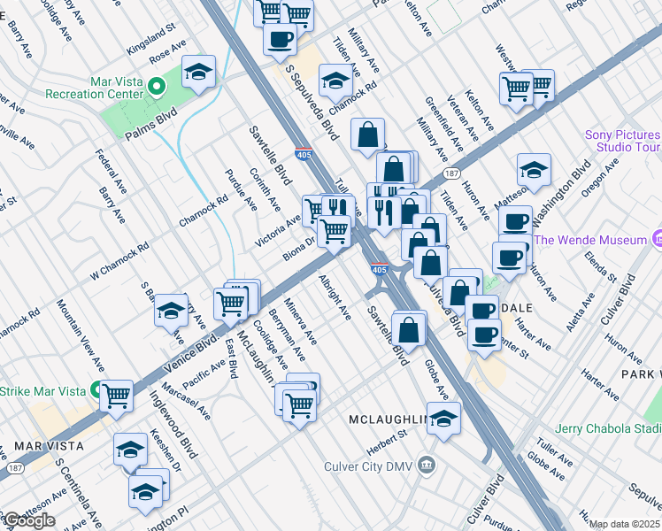 map of restaurants, bars, coffee shops, grocery stores, and more near 11314 California 187 in Los Angeles