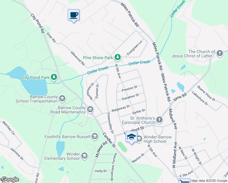 map of restaurants, bars, coffee shops, grocery stores, and more near 694 Meadowbrook Drive in Winder